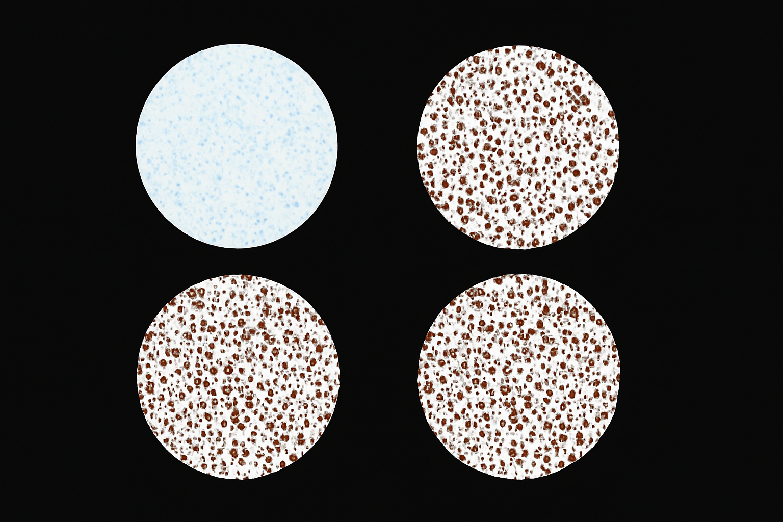 Four circular objects with two different patterns on a black background. The top left circle is light blue with small darker spots, the top right and bottom right circles are white with numerous small brown spots, and the bottom left circle is white with dense brown spots.