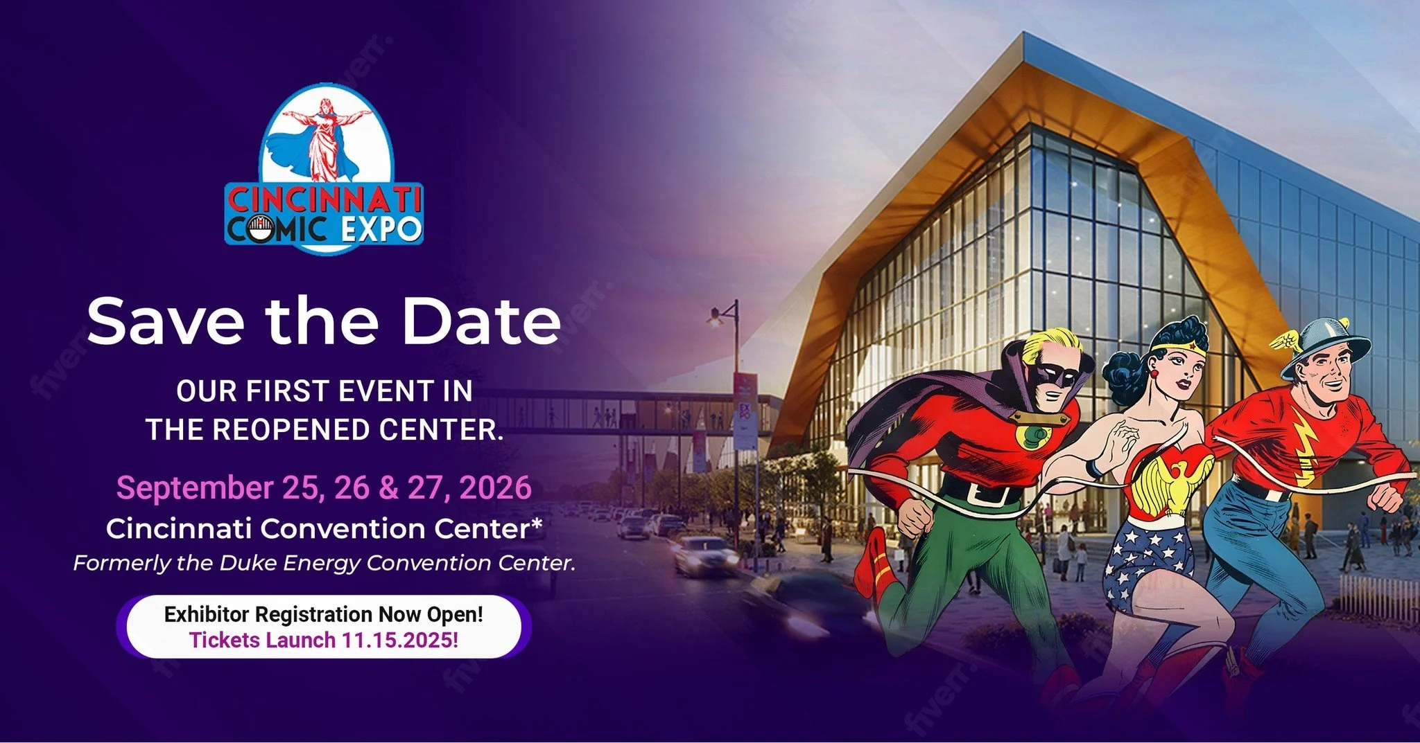Applications are now open for exhibitors wanting to appear at the 2026 Cincinnati Comic Expo taking place at the name TBA, soon to formerly be known as Duke Energy Convention Center!
Interested artists, writers, retailers, vendors, and parties wishin