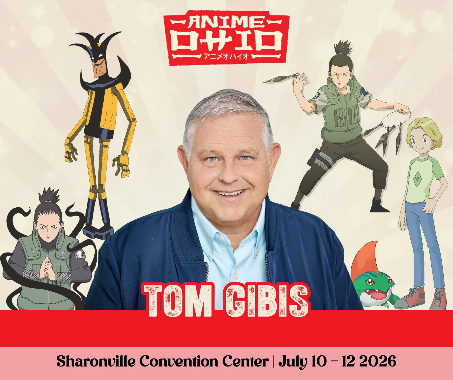 Tom Gibis is the next guest coming to Anime Ohio 2026!

Tom is best known for voicing the voice of Shikamaru Nara from Naruto, Takumi Nomiya from Honey and Clover, Mushra from Shinzo, Toyman in JLA Adventures: Trapped In Time, Michael Washington in D