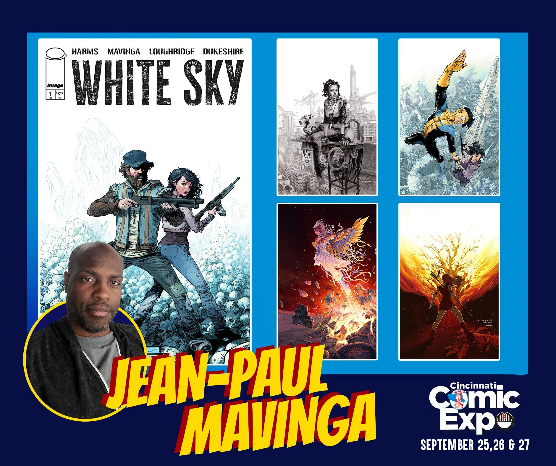 Jean-Paul Mavinga is joining the lineup for the 2026 Cincinnati Comic Expo!

He is the co-creator and illustrator of the hit debut series White Sky. He has been a professional illustrator and concept designer for 25 years. He graduated from the Savan