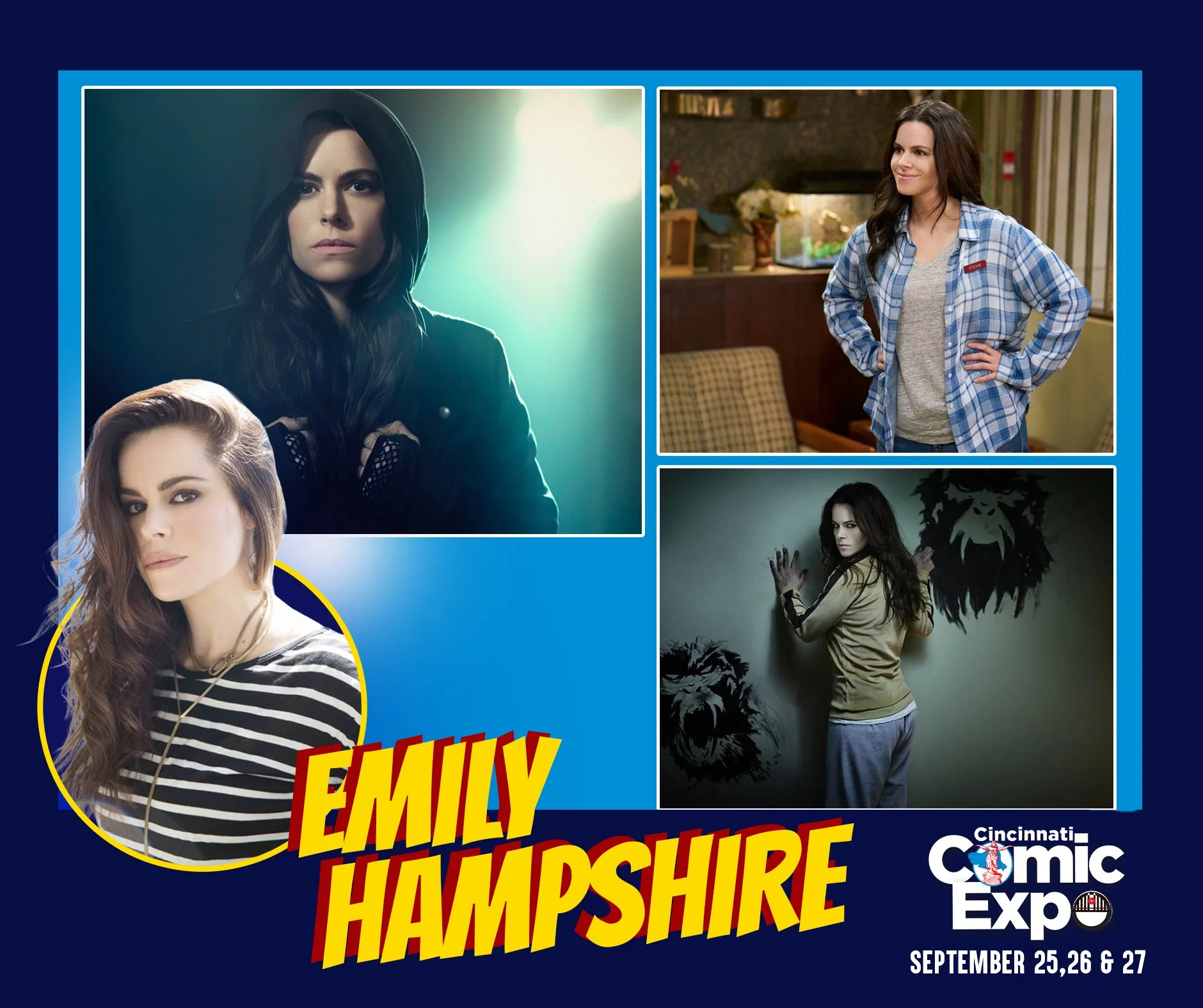 "I have my own holiday tradition. It's like the 12 Days of Christmas, but it's 1 day with 12 bottles of wine."

Emily Hampshire will be attending the 2026 Cincinnati Comic Expo!

Emily is most recognized for her roles in 12 Monkeys, Schitt'