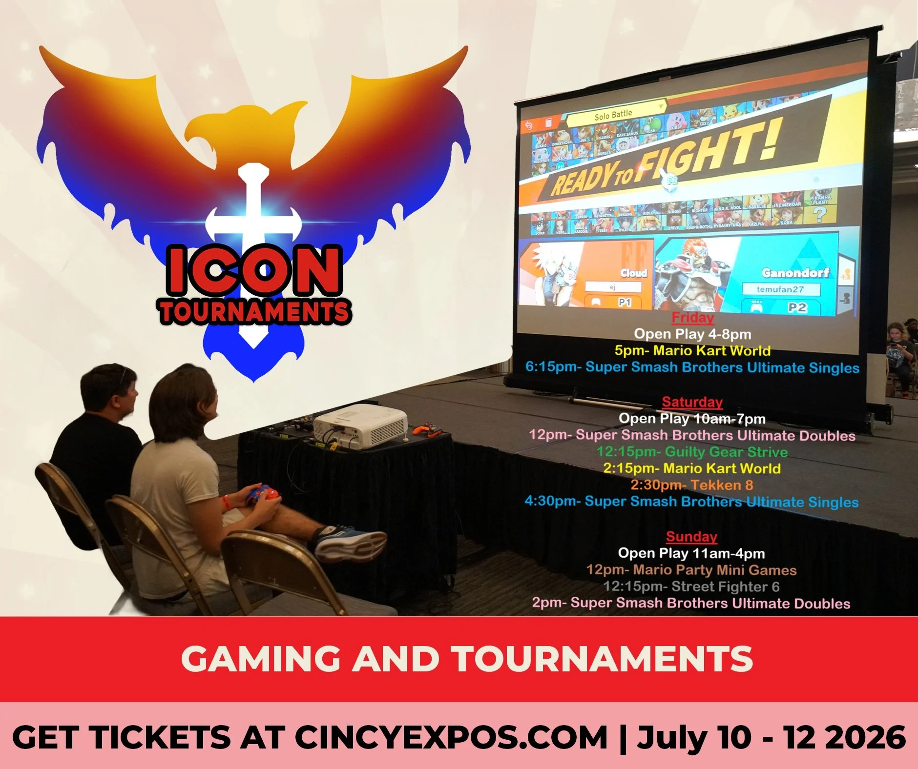 iCon Tournaments will be setup all weekend with open play and video game tournaments. 

Find iCon in Room 201 of the Sharonville Convention Center to signup for the games and play.

Get your admission tickets all weekend long to Anime Ohio 2026 to pa