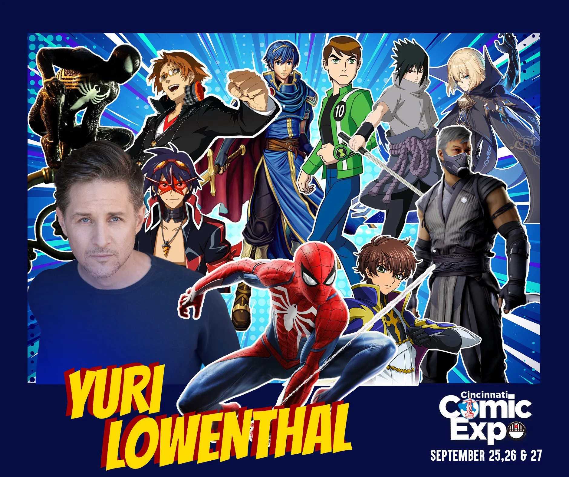 "Don't mess with the Amazing Spider-Man!"

Yuri Lowenthal will join us at the 2026 Cincinnati Comic Expo!

Yuri had a nomadic childhood, growing up not only around the U.S. but also throughout Africa and Europe. After a brief stint with the