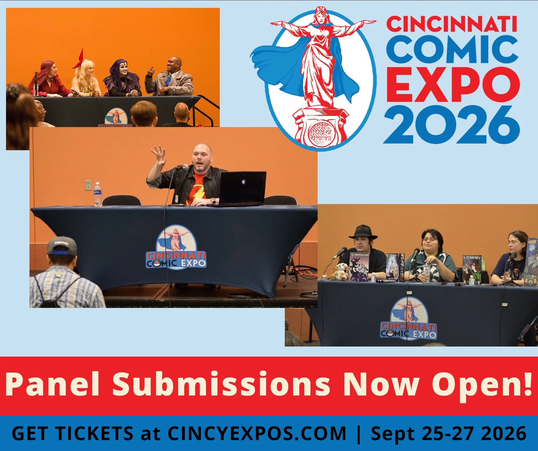 Panel and workshop submissions are now open for the 2026 Cincinnati Comic Expo!

Fans and attendees can complete the application to have their topic reviewed for selection to the programming lineup at the show.
Go to the But Admission Tickets link in