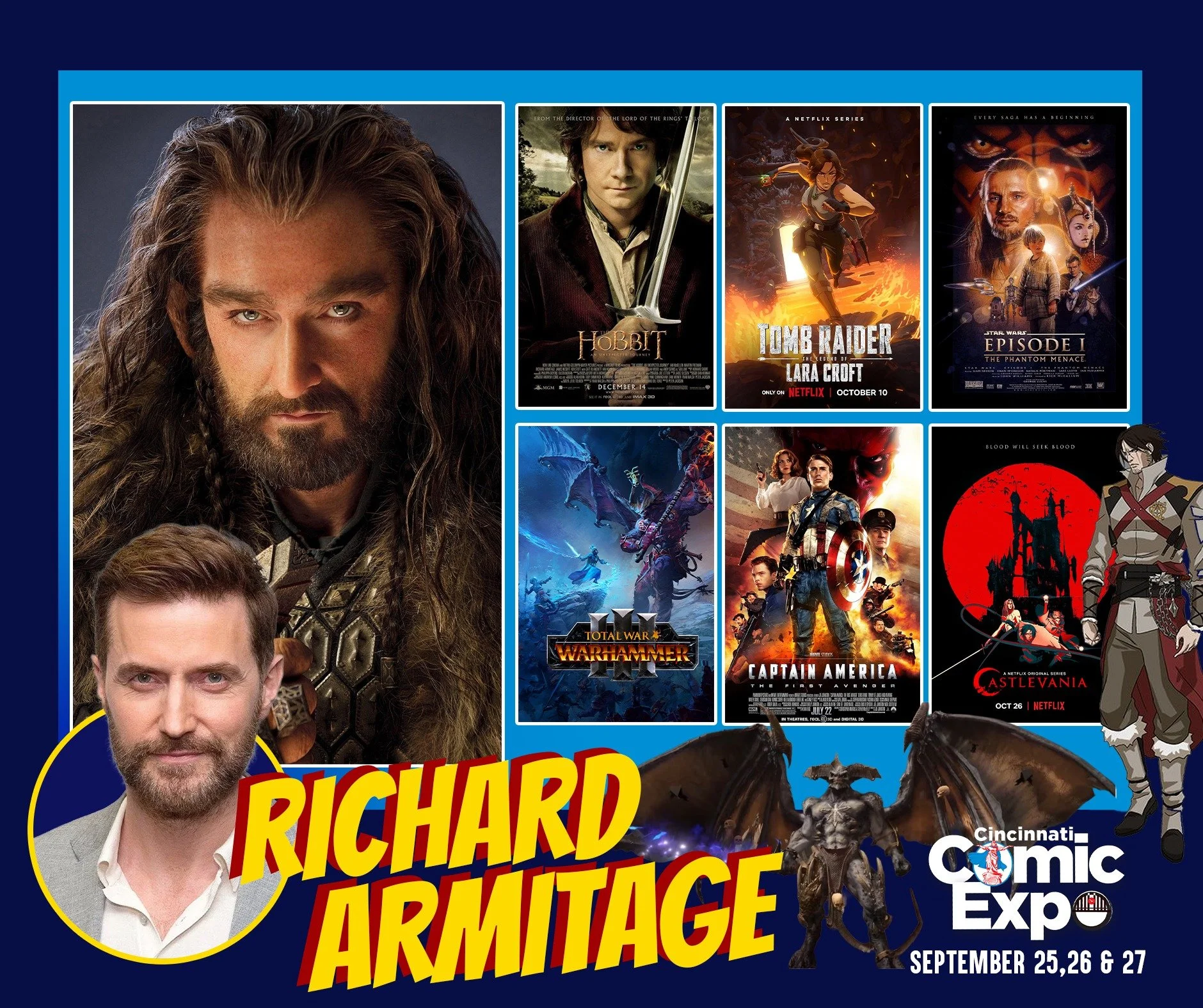 "Cut off one head, two more shall take its place. Hail HYDRA!"

Richard Armitage will be meeting fans at the 2026 Cincinnati Comic Expo!

Unknown to fans, but seen by many, Richard was introduced worldwide as a Naboo Fighter Pilot in Star W