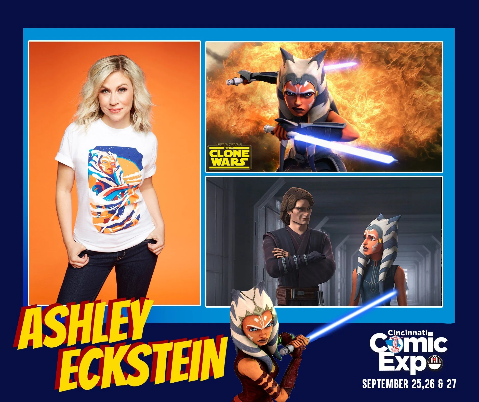 "I am no Jedi."

Ashley Eckstein will be at the 2026 Cincinnati Comic Expo!

Ashley is most recognized as the voice of Ahsoka Tano in the Star Wars Universe. Starting with The Clone Wars, then Rebels, and then the Forces of Destiny, Ashley 