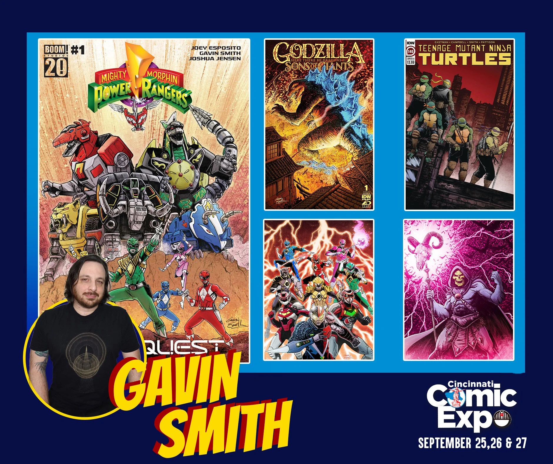 Promotional poster for Cincinnati Comic Expo featuring comic book characters and posters, with a man in a black t-shirt and tattoos on the left side, and event details at the bottom.