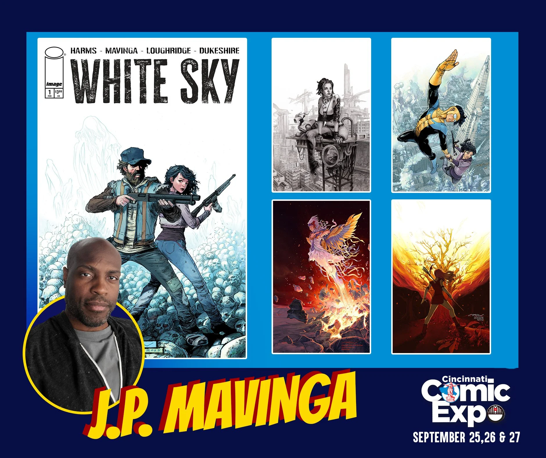Promotional poster for Cincinnati Comic Expo featuring comic book covers and an inset of J.P. Mauinga's photograph with event dates September 25, 26, and 27.