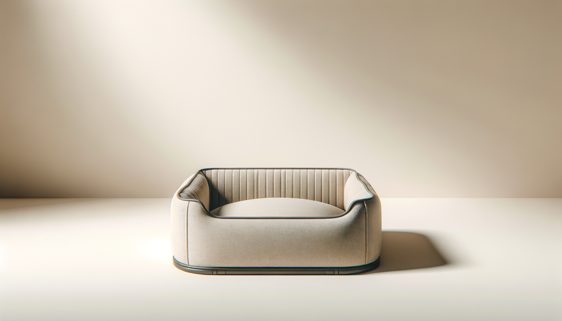 Modern beige pet bed with padded sides on a plain surface against a beige wall.