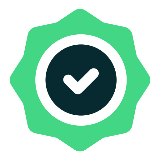 Green badge with black checkmark inside.