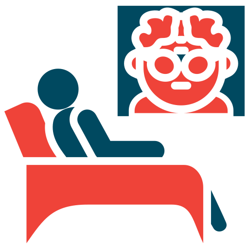 A person is sitting in a chair and watching a video call or virtual meeting on a screen, which shows a cartoon or stylized illustration of a woman with glasses and curly hair.