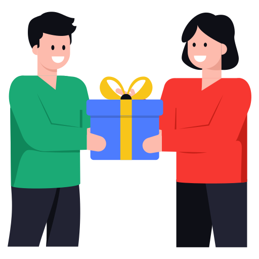 Two people exchanging a wrapped gift, one in a green shirt and black pants, the other in a red shirt and black pants, smiling.