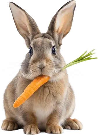 A rabbit holding a carrot in its mouth with a bite taken out of it.