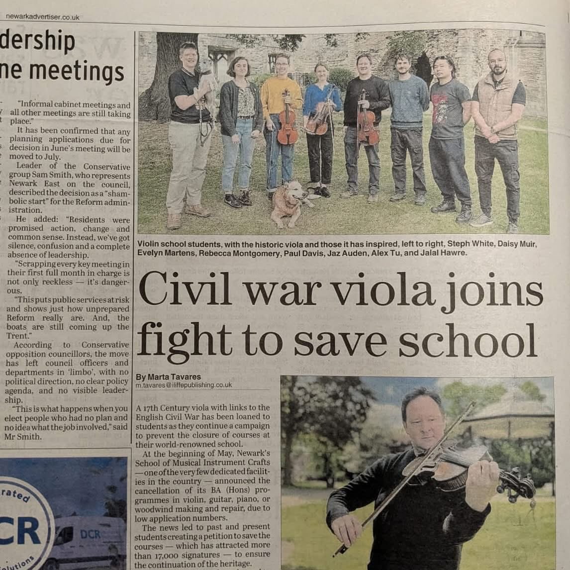 SOUNDS OF CIVIL WAR RETURN TO NEWARK!!!
Today the Newark Advertiser has published two articles. A beautiful feature on the students focussing around a viola with tangible links to Newark’s Civil War history that has been loaned to the school