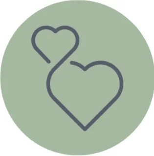 Two intertwined heart outlines on a green circular background.