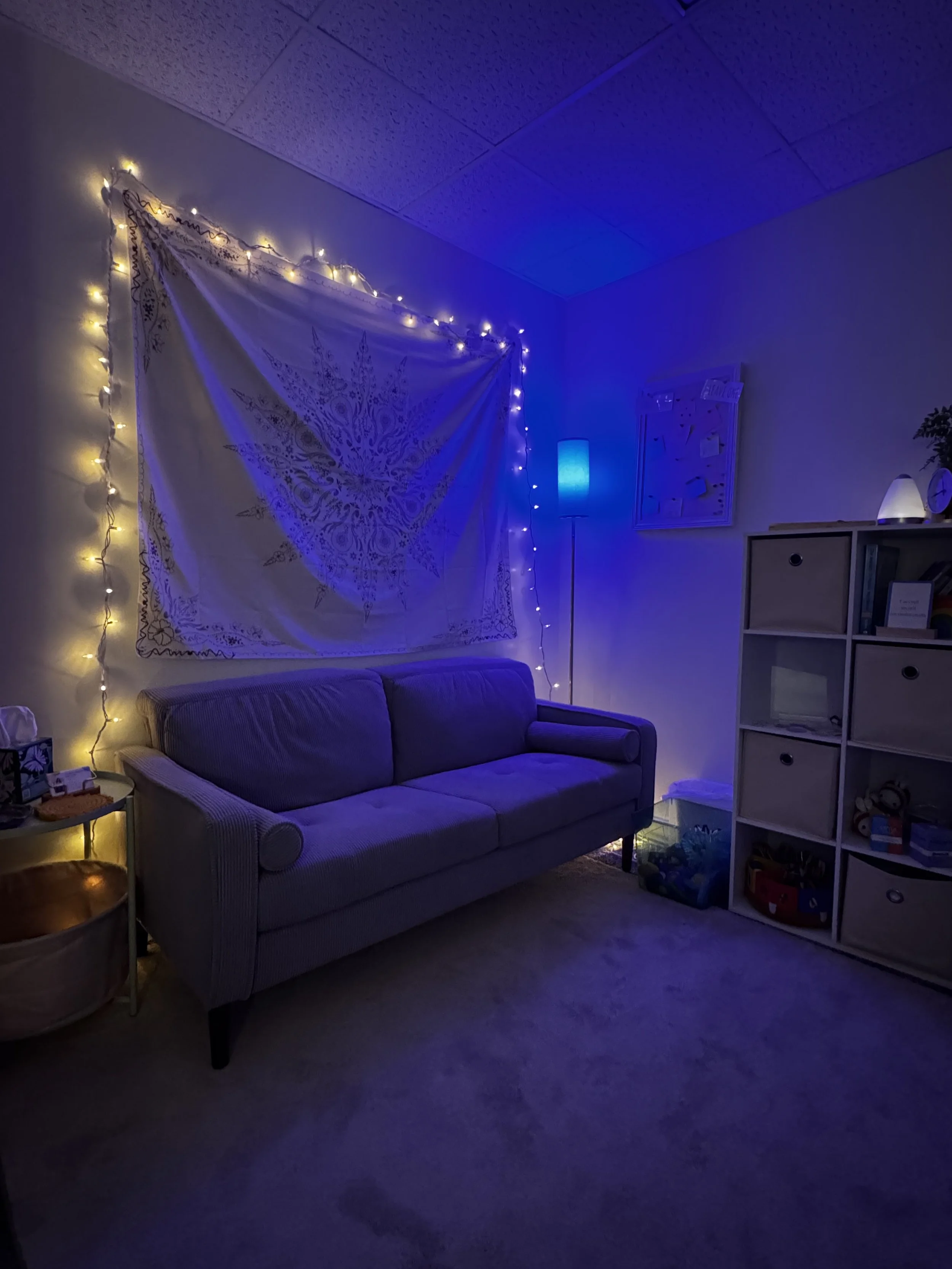 Office space with a gray sofa, string lights on wall, white tapestry with a gold mandala design, blue floor lamp, white shelving unit, and carpeted floor, illuminated by soft purple and blue lighting.