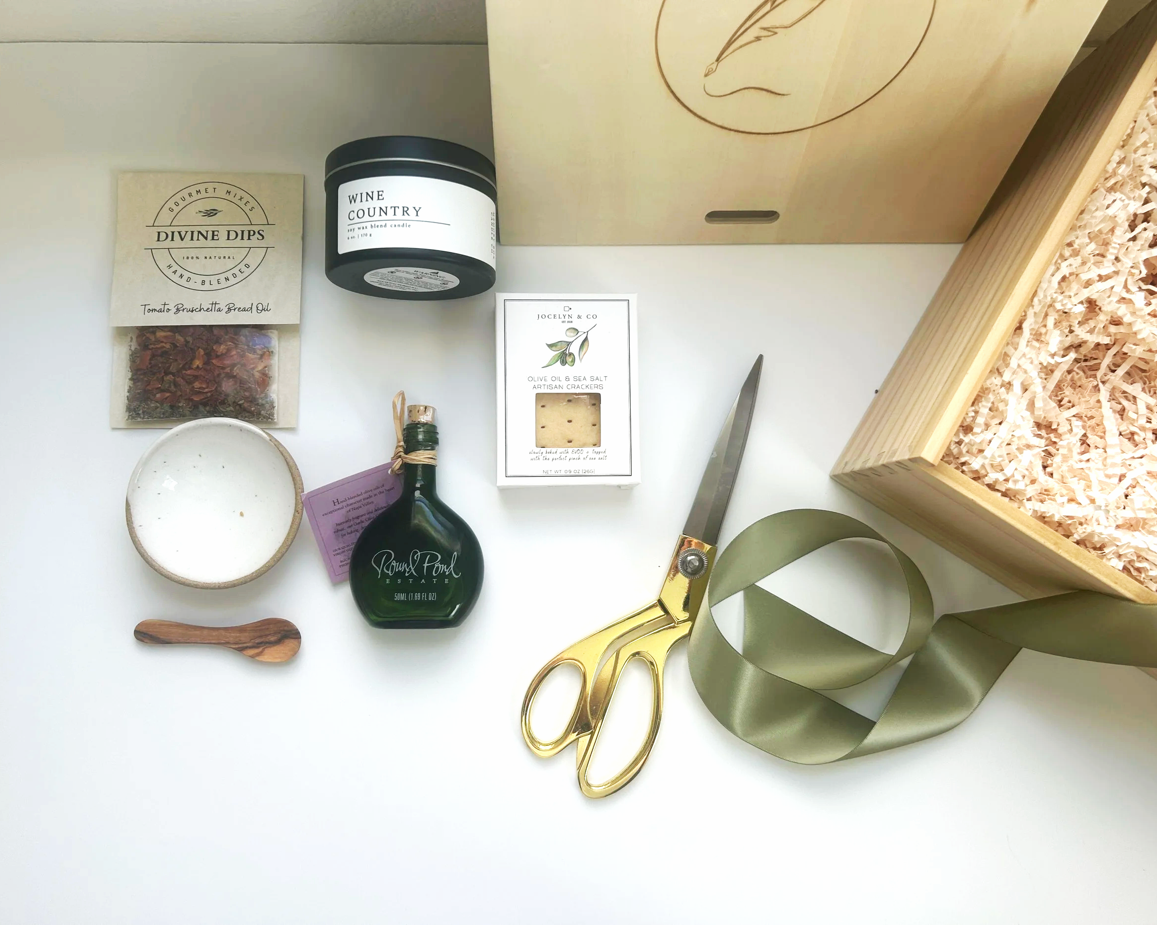 Wooden gift box with gourmet garlic infused olive oil bruchetta dip mix artisan handmade dipping dish crackers handcarved wooden spoon in a wooden gift box