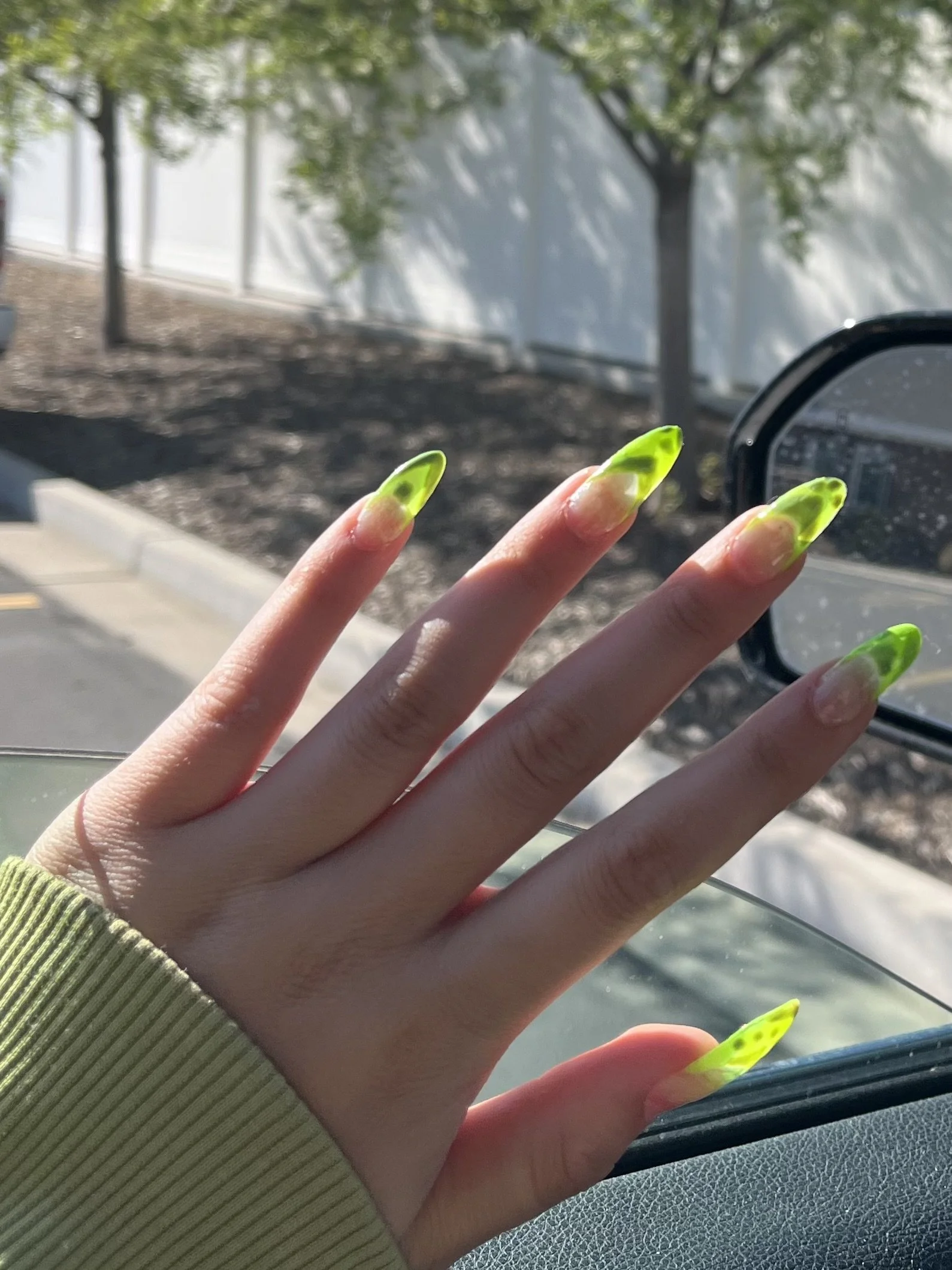 Close-up of a hand with long, yellow-green nails with darker green spots, resting against a car window on a sunny day. In the background, trees and a white fence are visible.