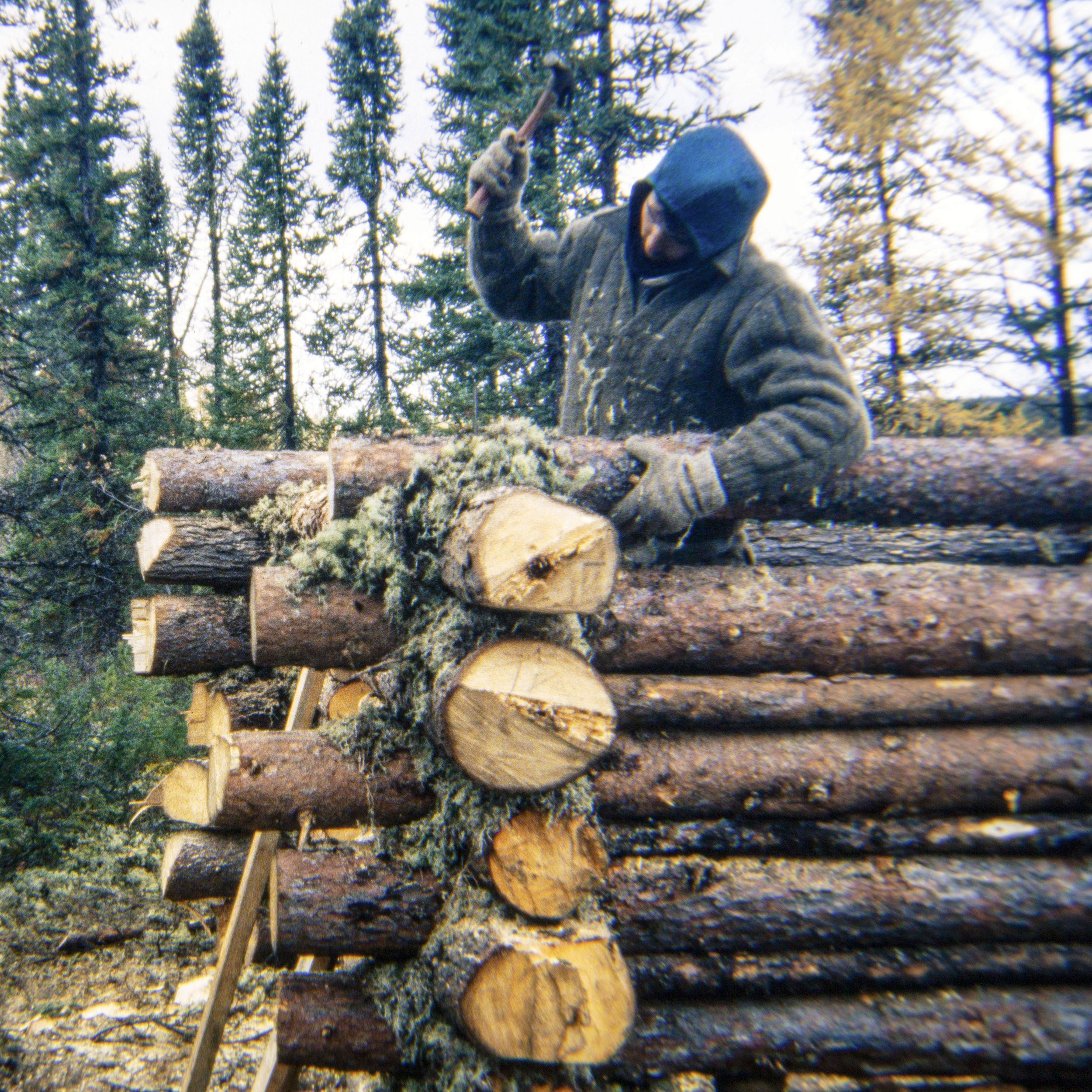 Once logs were placed, we would tack them in place with long nails we found in the "tool shed" of the main cabin (image 12 of 32)