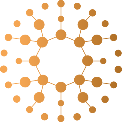 A digital graphic representation of a complex molecular or network structure with interconnected nodes and lines, in shades of orange and gold.