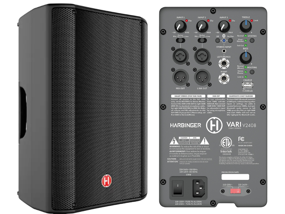 Arbinger VARI V2408 speaker with control panel showing input, treble, bass, volume, and Bluetooth pairing options.