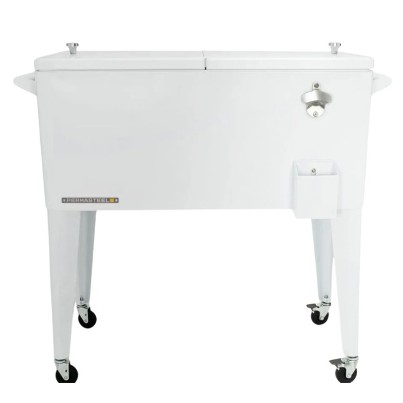 Rolling Cooler Photo - white cooler with wheels and bottle opener built on