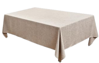 A rectangular table covered with a beige tablecloth.