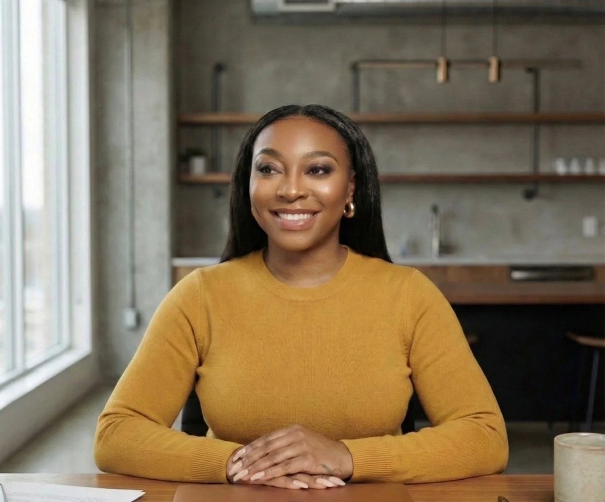 Grace C. McBride sitting at a desk in a mustard sweater looking off to the side smiling.  Leadership and Product coach.