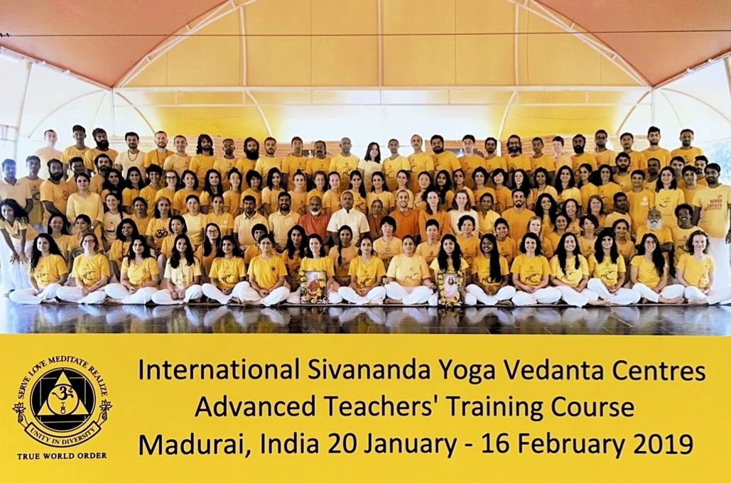 Group graduation photo from the Sivananda Advanced Teachers’ Training Course in Madurai, India, February 2019, Shabnam Yoga in Pembrokeshire UK, founded by Shabnam Banihashem