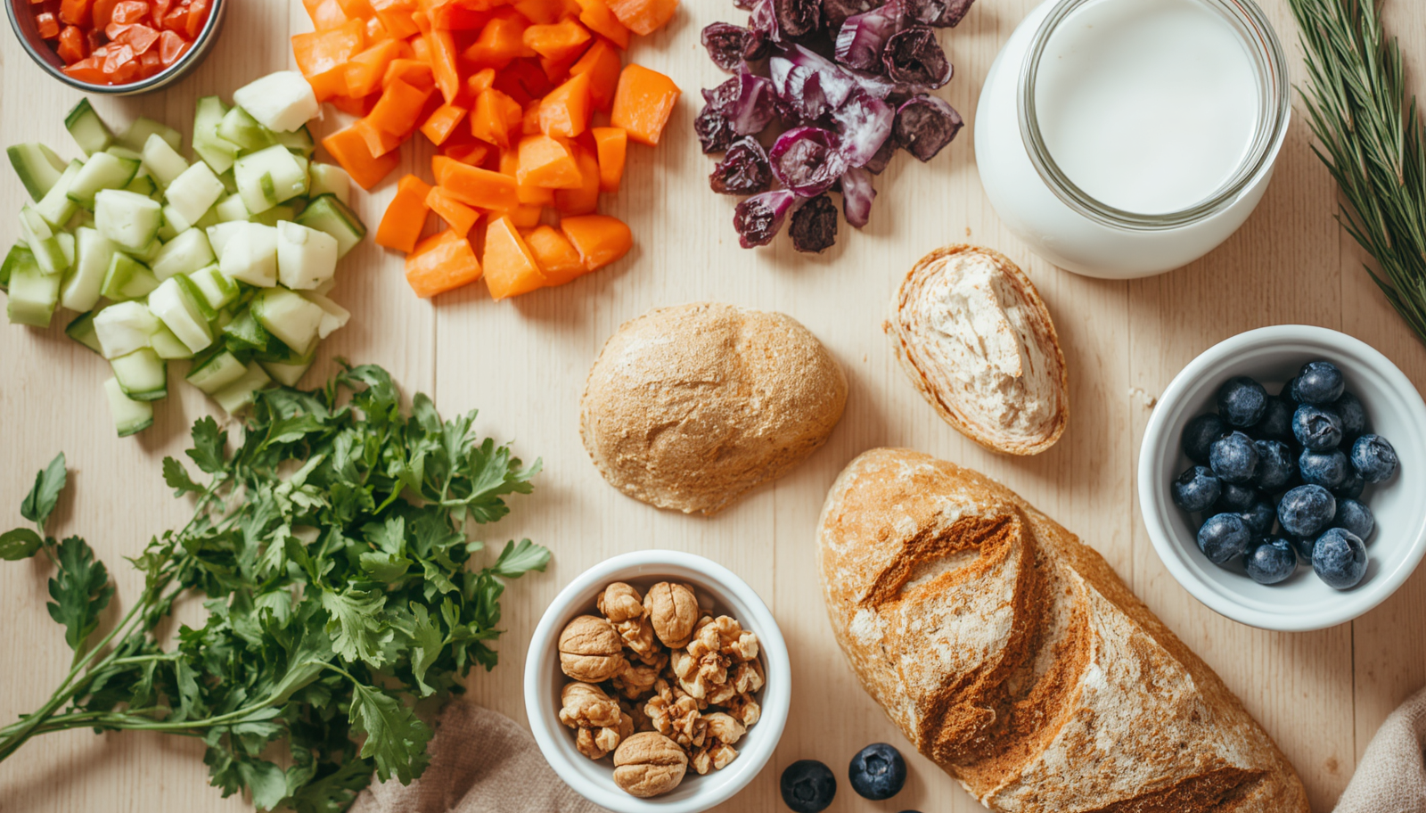 Overhead flat lay of colourful gut health foods including chopped vegetables, sourdough bread, blueberries, kefir and fresh herbs on a wooden surface