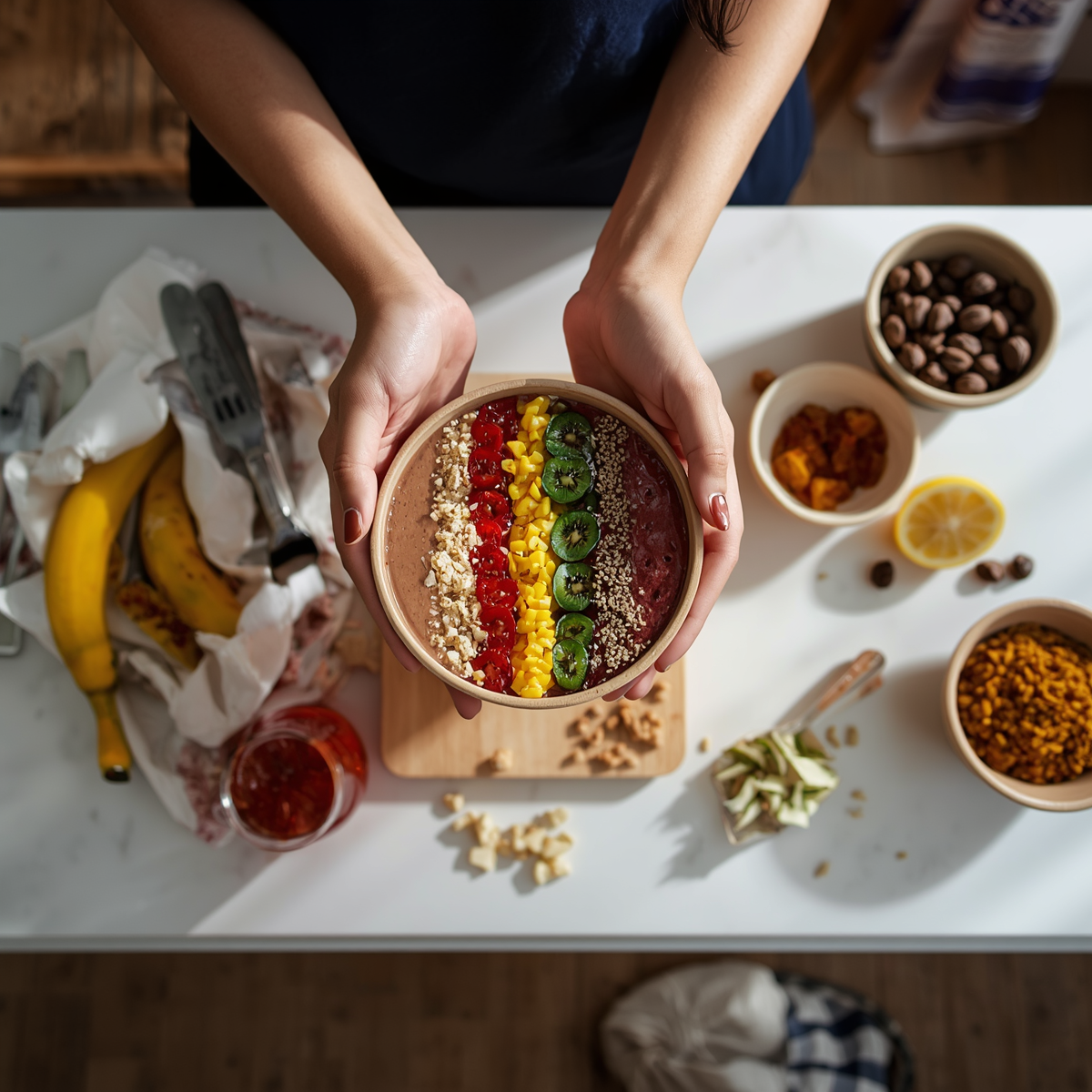 Woman's hands preparing a colourful smoothie bowl with fresh fruit, representing a complete approach to healthy eating