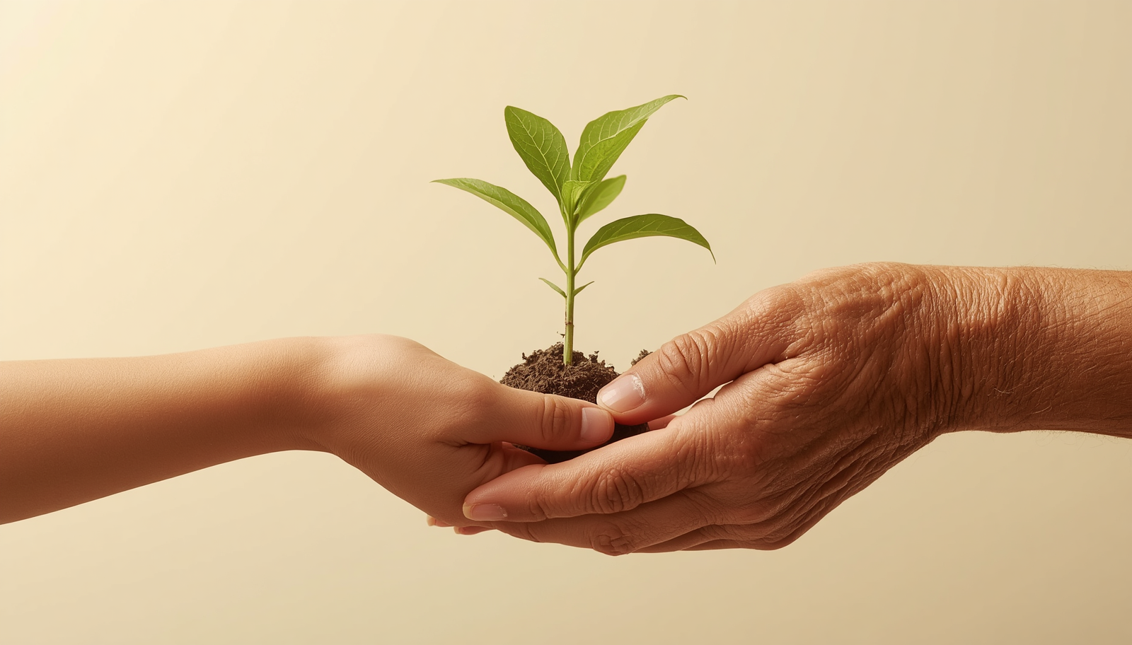 A younger hand and an older hand together holding a green plant seedling, symbolising how gut health supports healthy ageing