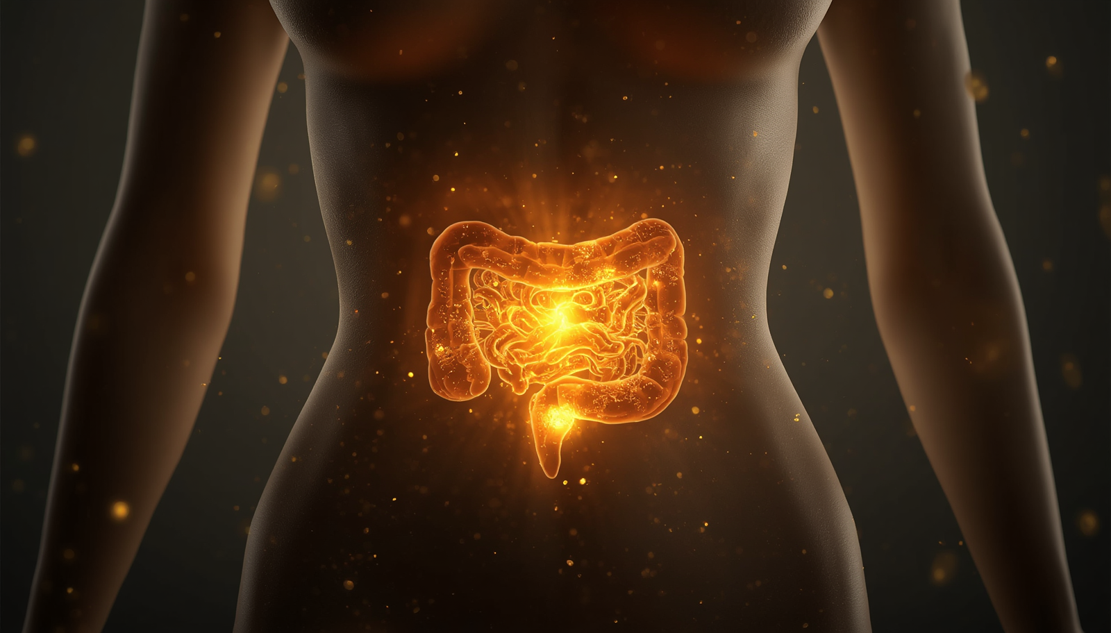 Illustration of the human digestive system glowing from within, representing the gut as the headquarters of the immune system