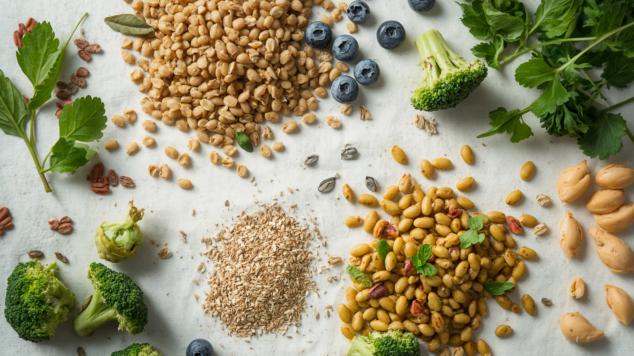 Flat lay of fibre rich foods including oats, blueberries, broccoli, beans, seeds and fresh herbs