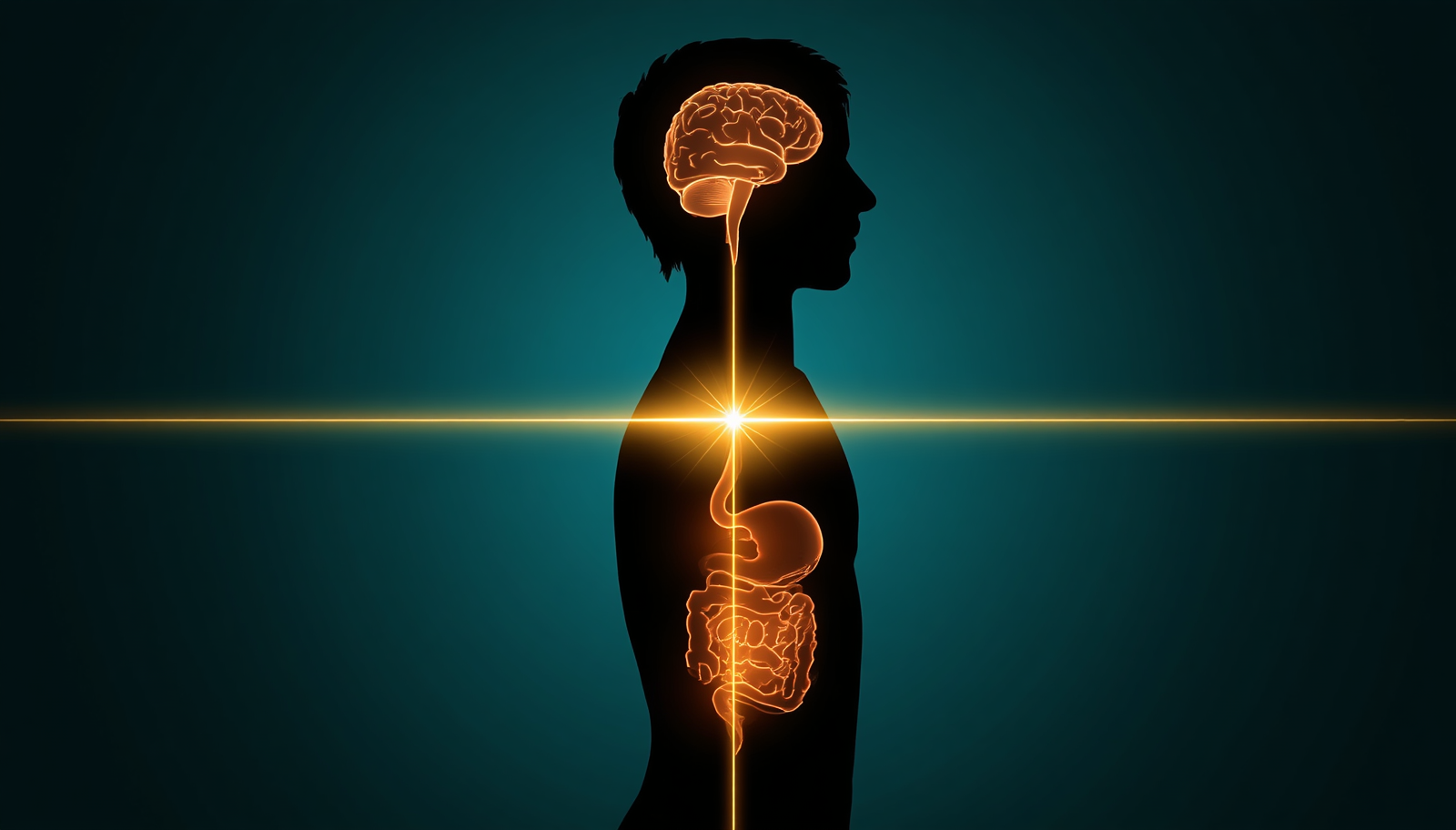 Illustration of the gut-brain axis showing the brain and digestive system connected by a glowing line of communication