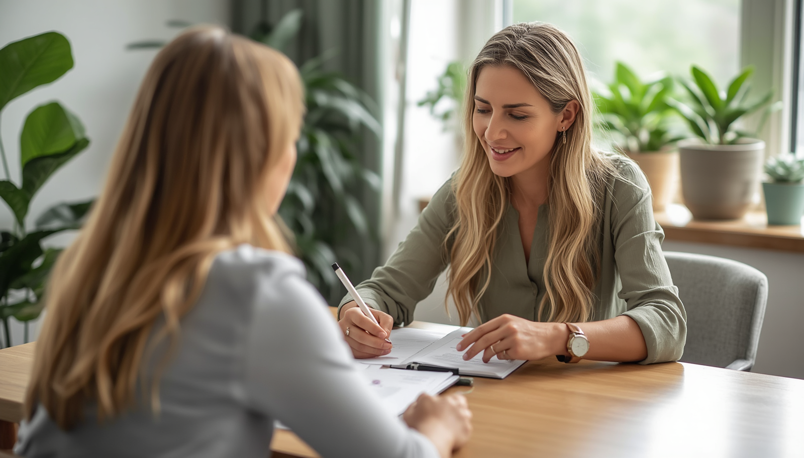 Nutrition therapist sitting with a client during a personalised gut health consultation, warm natural light, wooden table