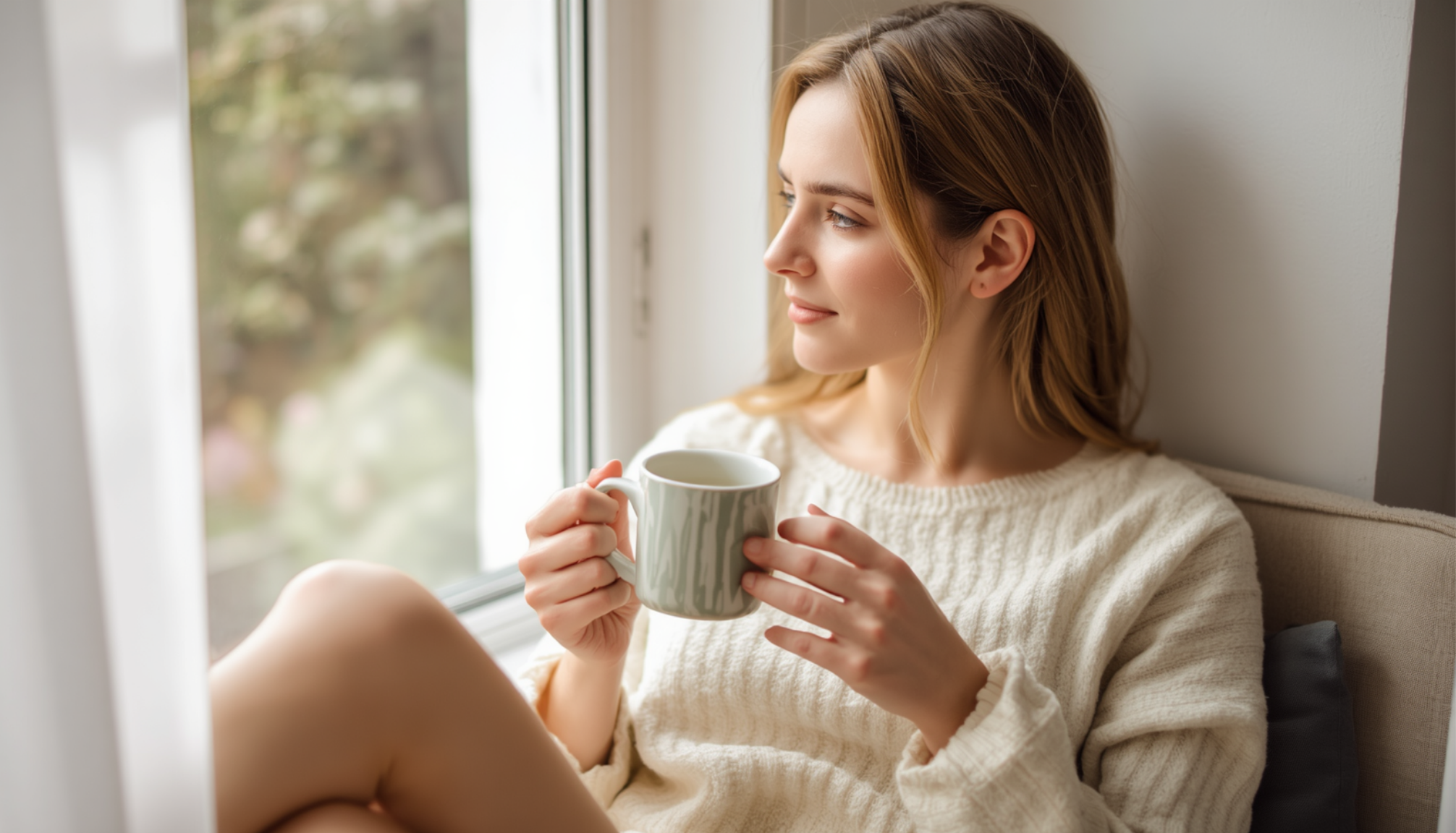 Woman sitting by a window holding a warm mug, looking calm and comfortable