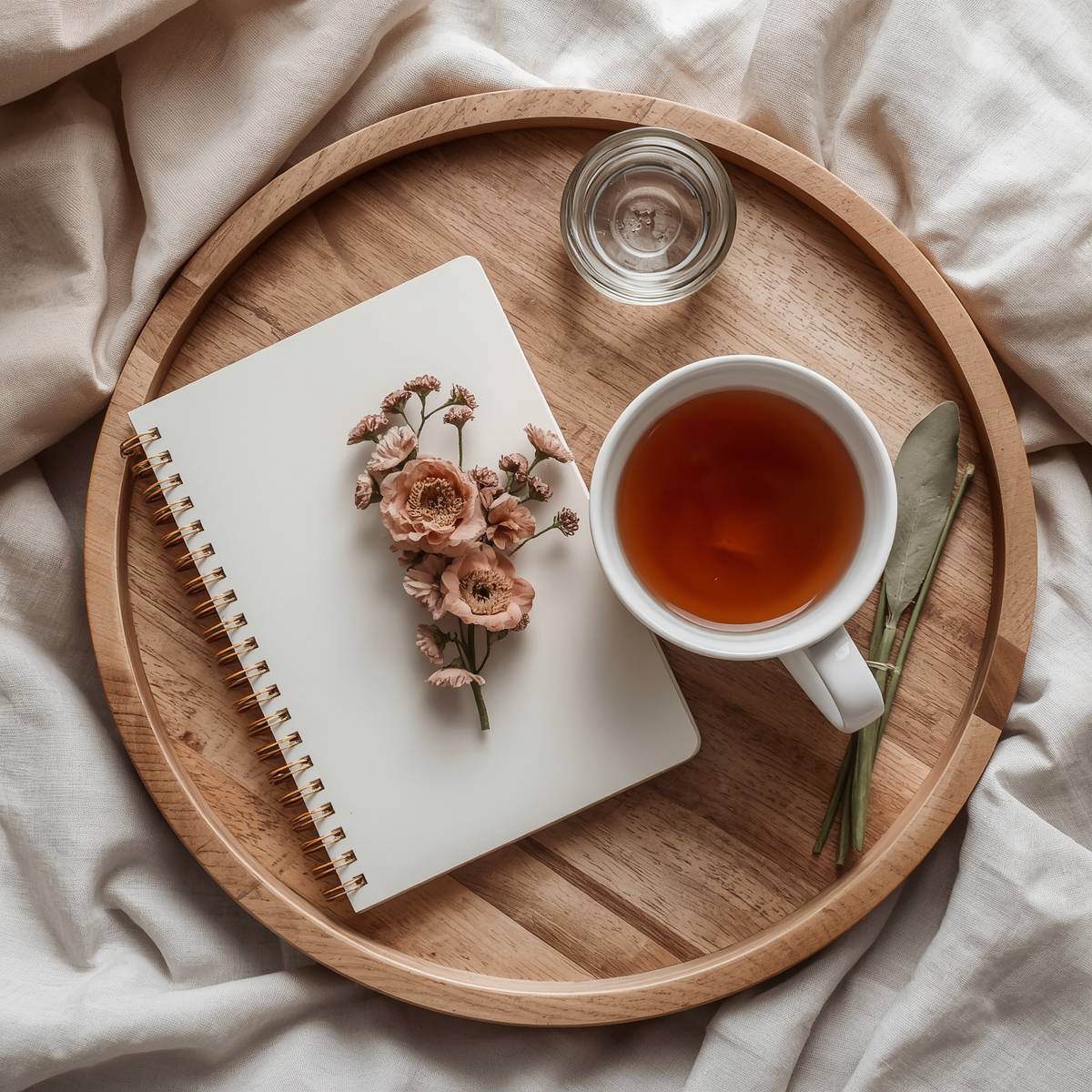 Overhead shot of herbal tea, fresh flowers and a notebook on a linen surface, representing a calm approach to health