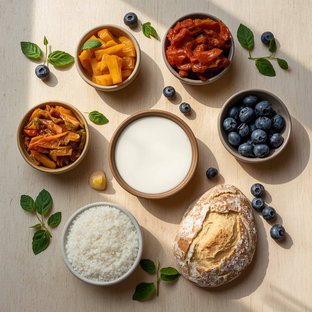 Flat lay of gut health foods including kimchi, kefir, sourdough bread and blueberries on a wooden surface