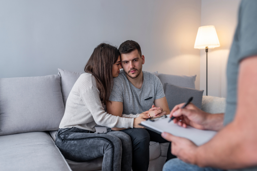 A couple sitting closely on a couch, appearing to be in a counseling session, with one person holding a clipboard and pen in the foreground.
