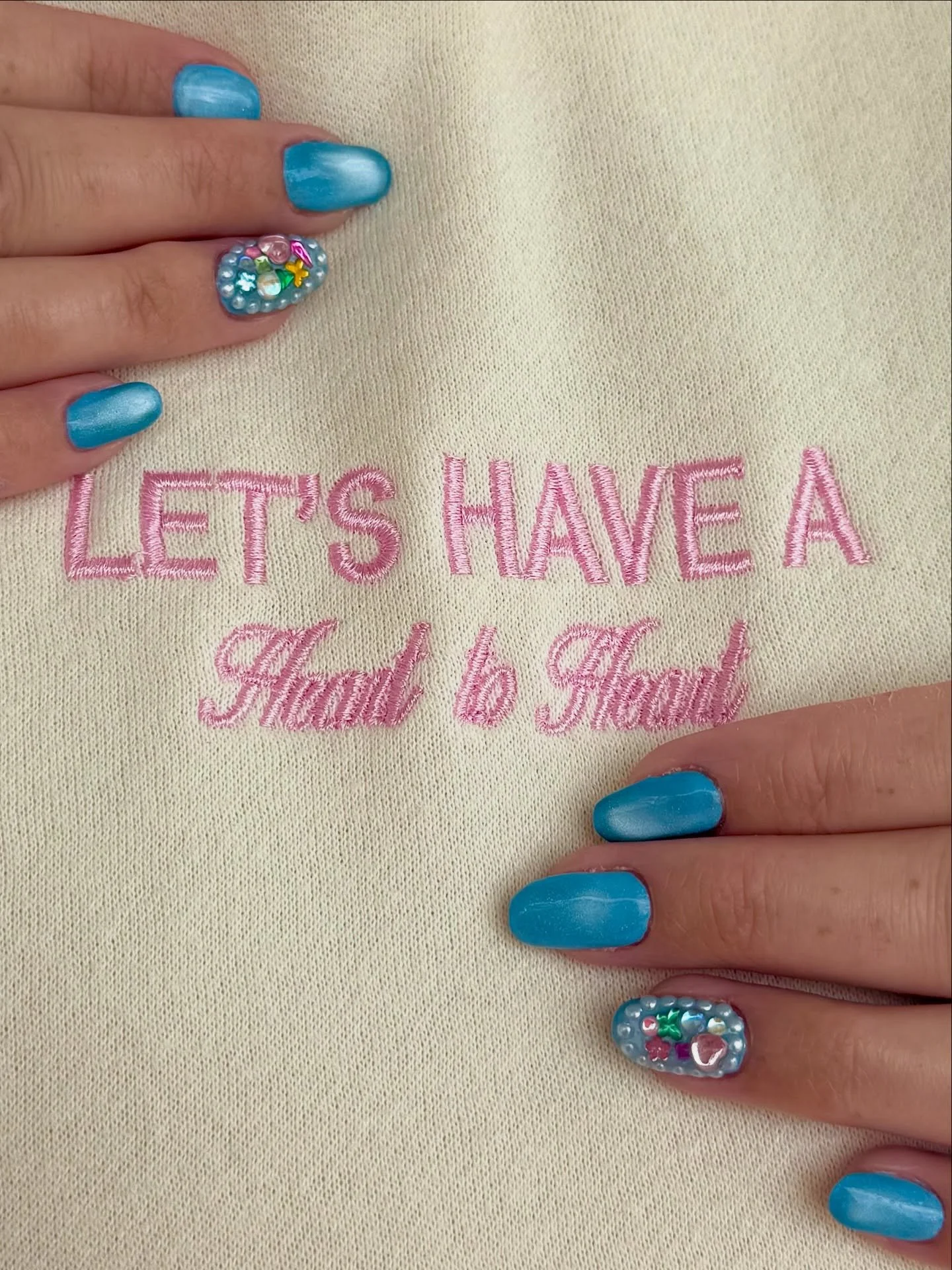 Let&rsquo;s have a heart to heart about you booking your next appointments. Bejeweled mani by @marilyndoesnails