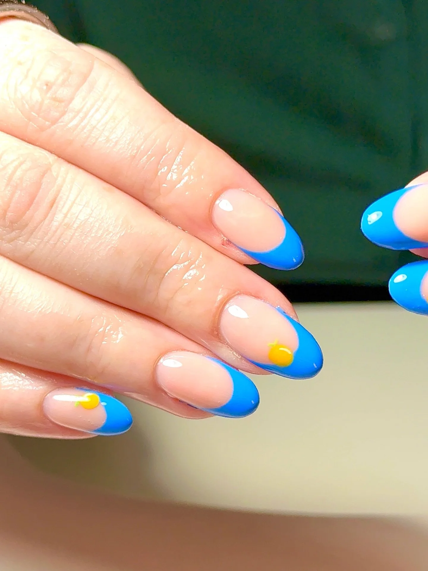 Blue frenchies and lil tiny oranges 🍊 mani by @emlovesnailies