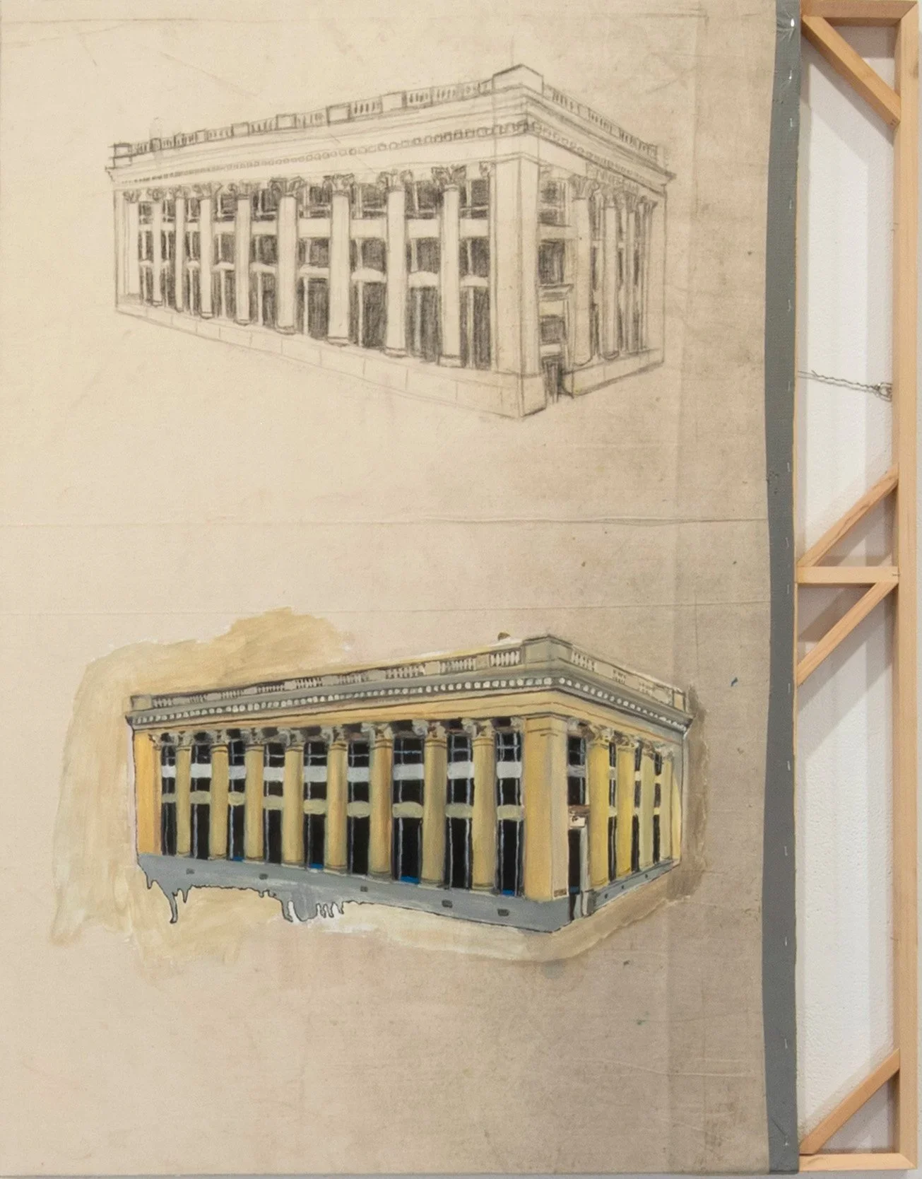 Two artistic renderings of a neoclassical building with columns, one in pencil sketch and one painted, mounted on a wall.