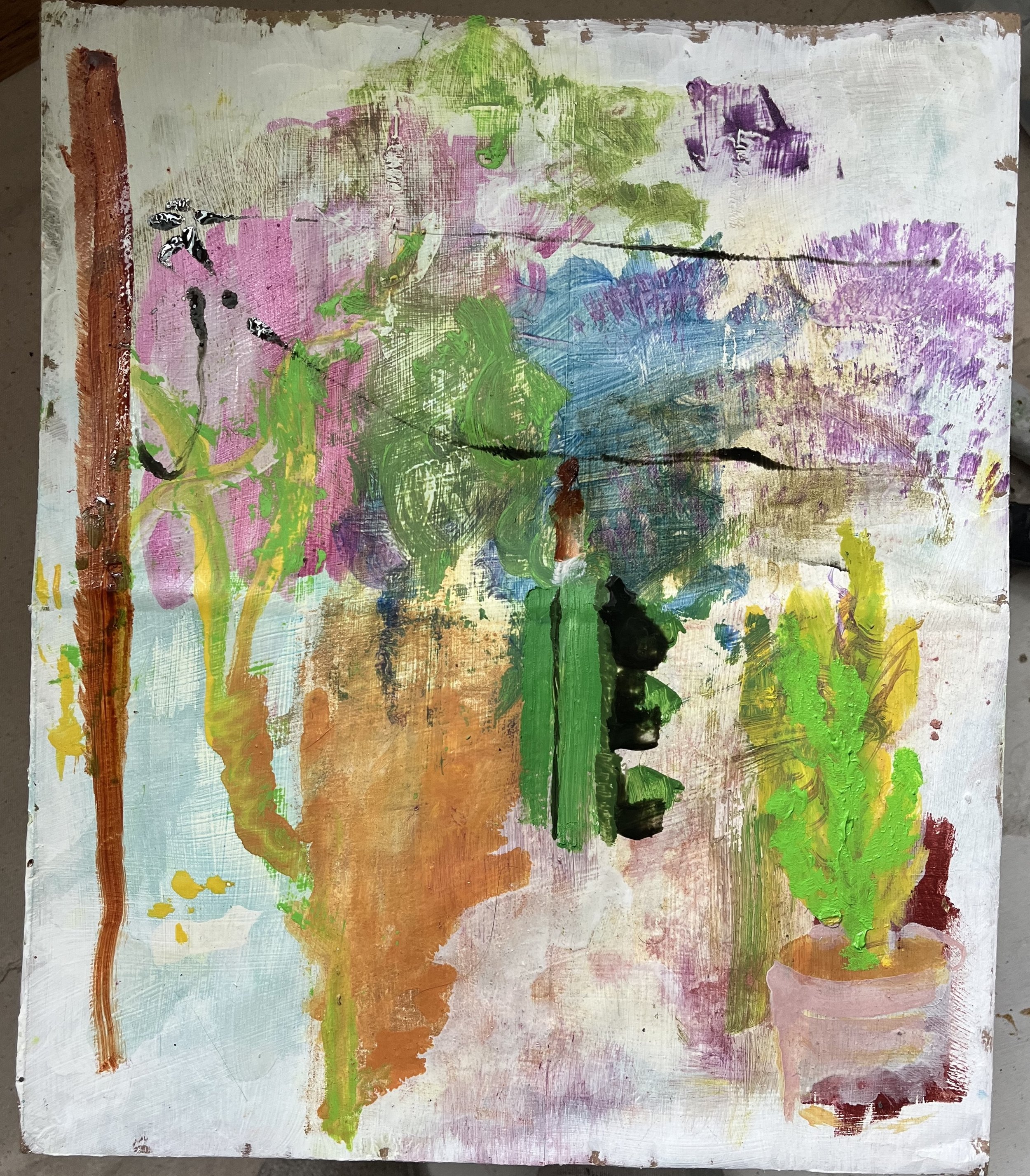 Abstract painting of green plants, a potted cactus, and a bird in the sky with pink, purple, blue, and green colors.