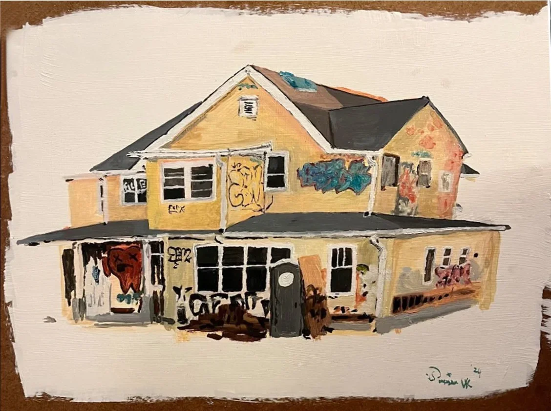 Painting of a two-story yellow house with graffiti and street art on the exterior walls, including a large face on the porch and graffiti on the upper floor, with a mostly clear sky background.