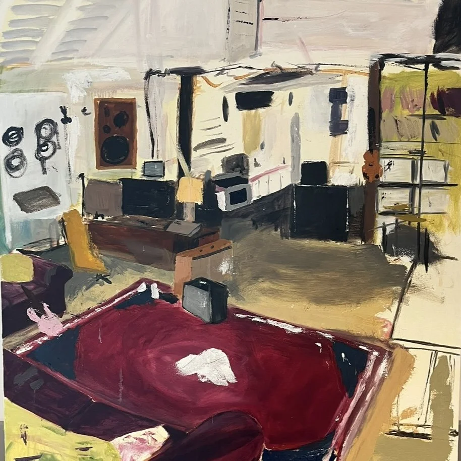 An abstract painting of a room with a red rug, furniture, and shelves, painted in bold, expressive strokes.