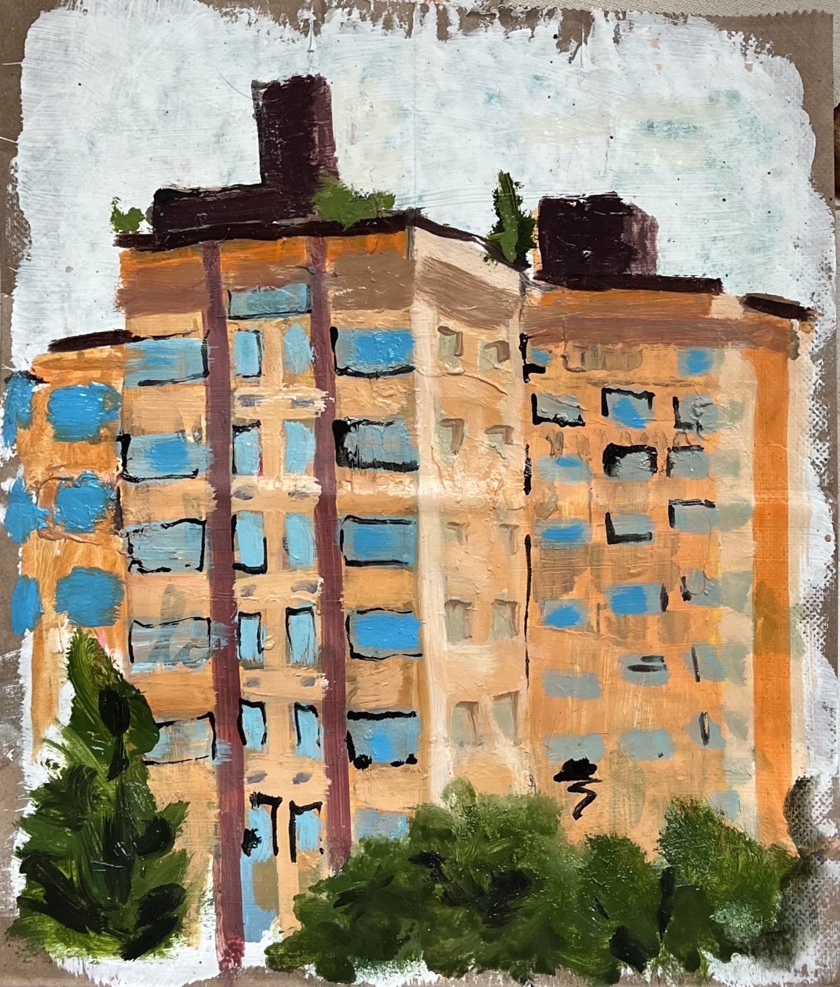 Oil painting of three apartment buildings with large windows, surrounded by green trees and a light blue sky.