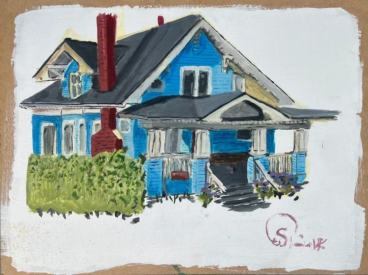 Painting of a blue, two-story house with a porch, front stairs, red chimney, green bushes, and purple flowers in the yard.