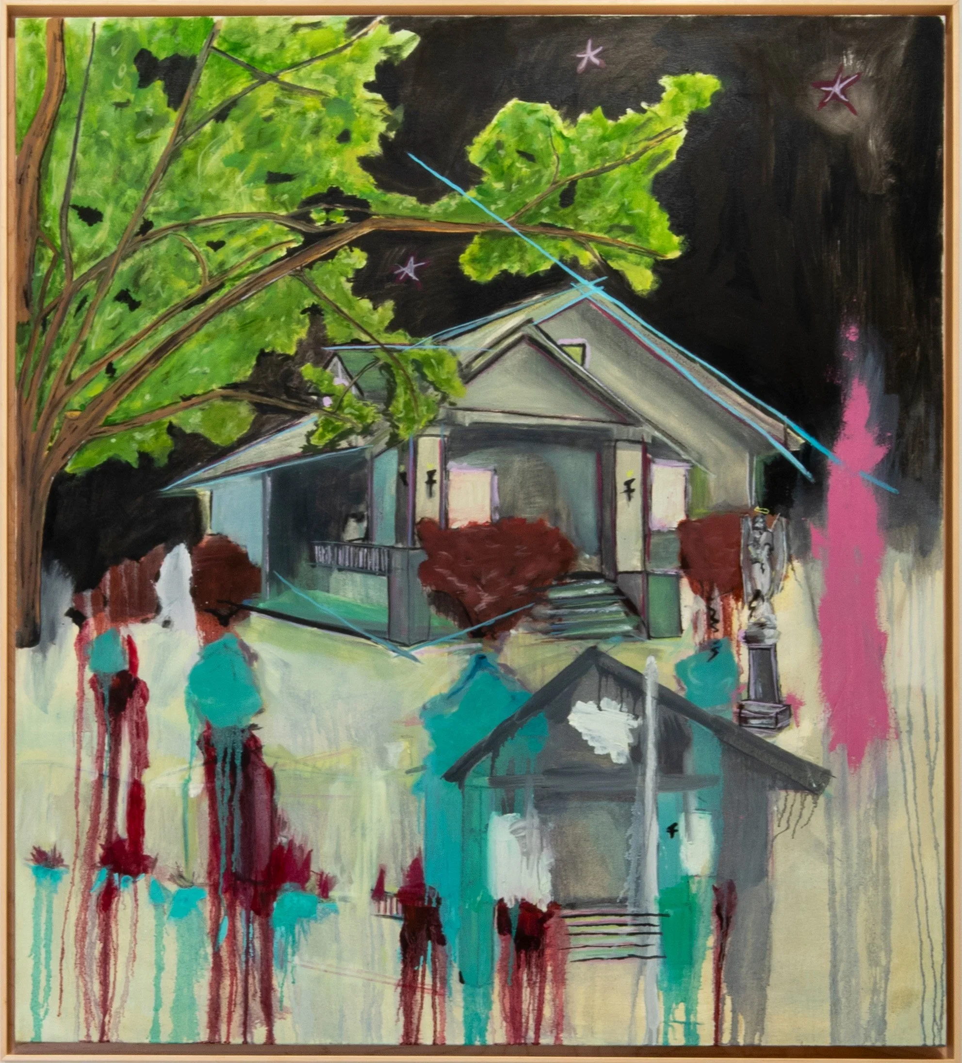 A colorful painting of a house at night with a large tree in the foreground, star-like shapes in the dark sky, and vibrant splashes of color and dripping paint at the bottom.
