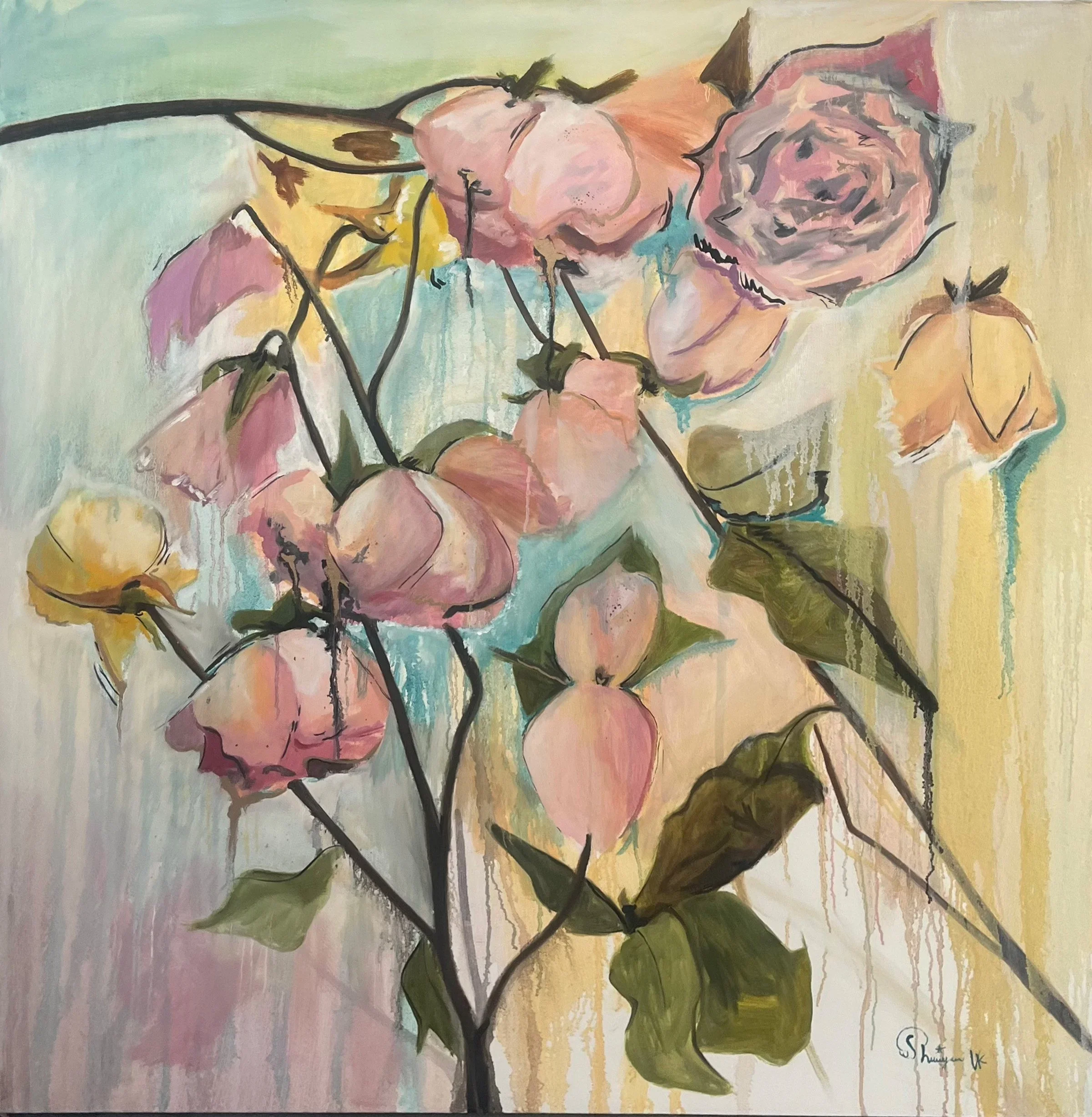 Abstract floral painting featuring pink, yellow, and purple flowers with large green leaves on a multicolored background.